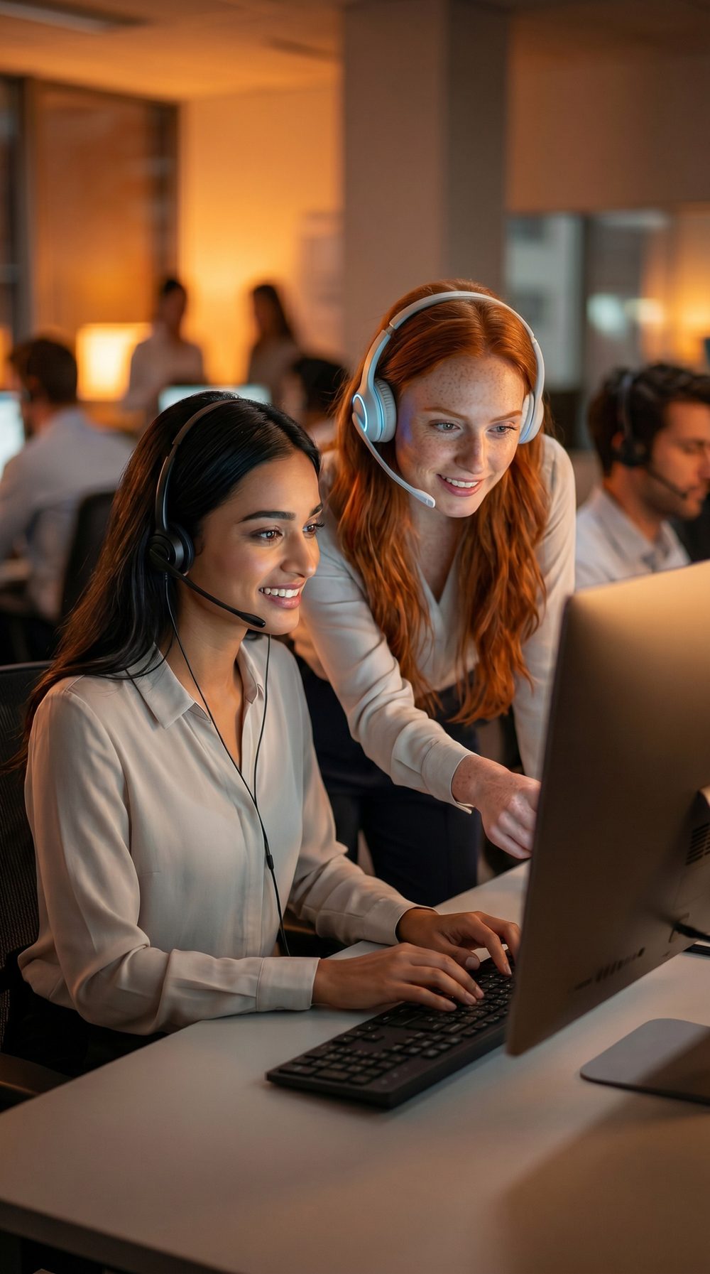 Duas atendentes com headset sorrindo enquanto olham a tela do computador